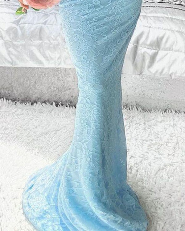 Cutout Scallop Trim Lace Prom Dress