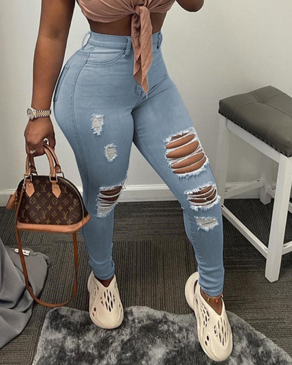Ripped High Waist Cutout Jeans
