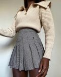 Houndstooth Print Buttoned Pleated Skirt