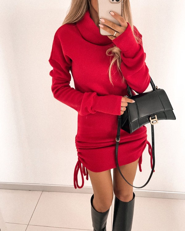 Drawstring Ruched Turtleneck Long Sleeve Dress
