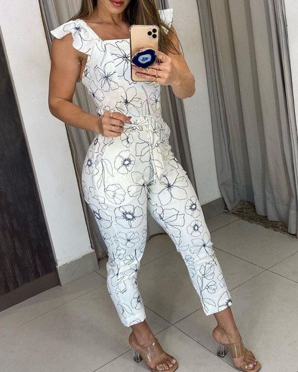 Floral Print Ruffles Tied Detail Jumpsuit