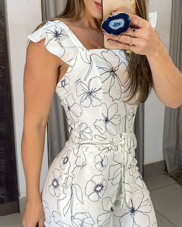 Floral Print Ruffles Tied Detail Jumpsuit