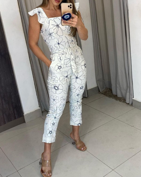 Floral Print Ruffles Tied Detail Jumpsuit