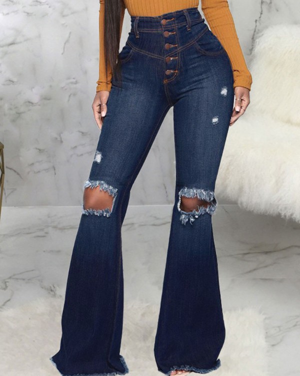 Button Fly High Waist Ripped Raw Hem Flare Leg Jeans