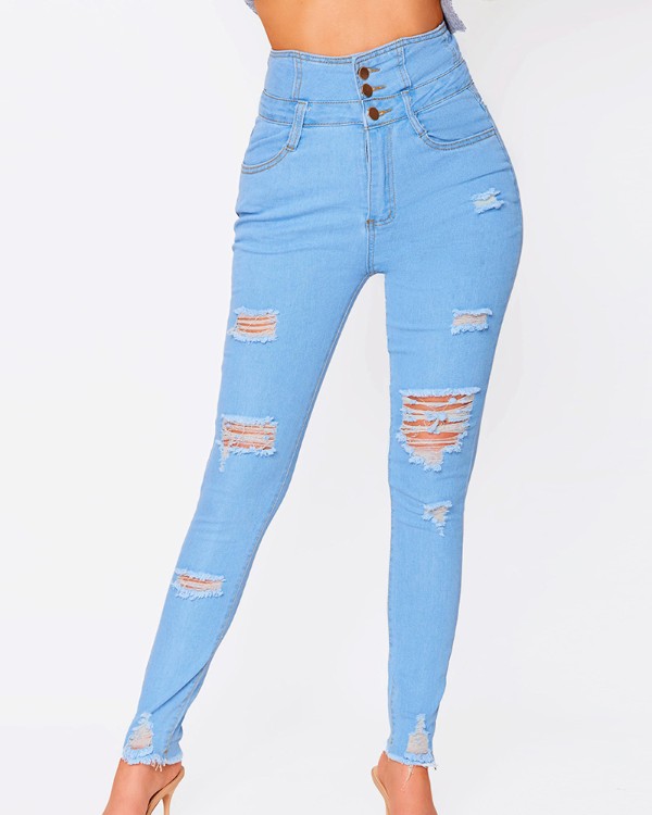 High Waist Buttoned Cutout Ripped Skinny Jeans