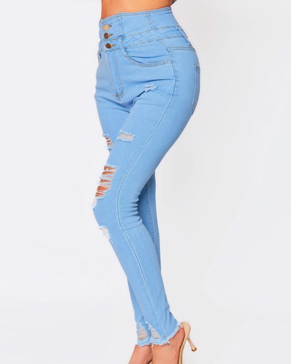 High Waist Buttoned Cutout Ripped Skinny Jeans