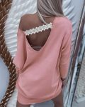 Contrast Lace Open Back Long Sleeve Dress