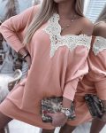 Contrast Lace Open Back Long Sleeve Dress