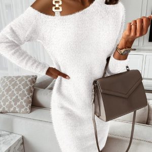Cold Shoulder Fluffy Long Sleeve Dress