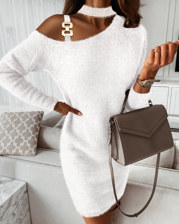 Cold Shoulder Fluffy Long Sleeve Dress