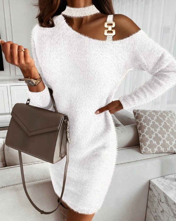 Cold Shoulder Fluffy Long Sleeve Dress