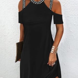 Beaded Decor Cold Shoulder Casual Dress
