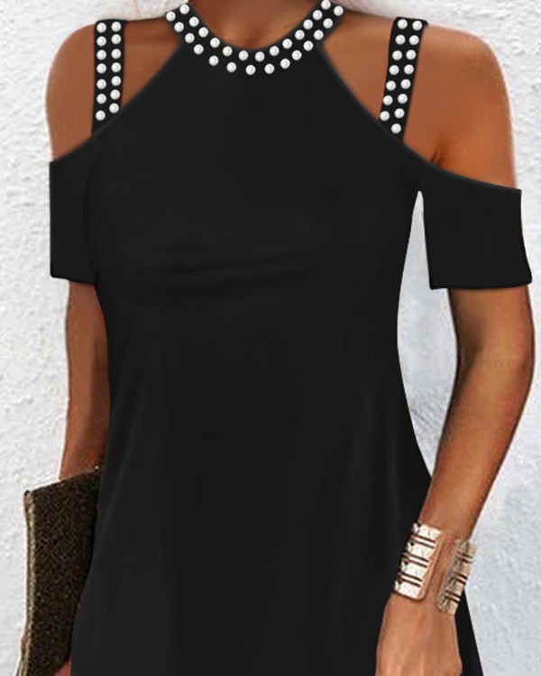 Beaded Decor Cold Shoulder Casual Dress