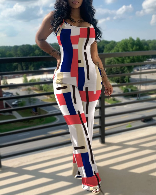 Geometric Print U Neck Sleeveless Pocket Design Jumpsuit