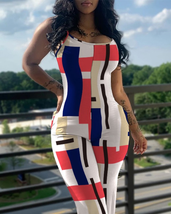 Geometric Print U Neck Sleeveless Pocket Design Jumpsuit