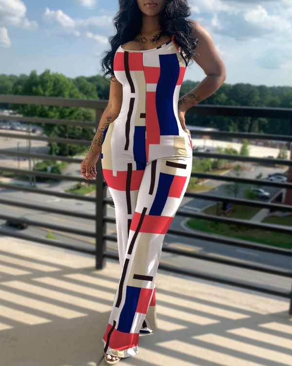Geometric Print U Neck Sleeveless Pocket Design Jumpsuit