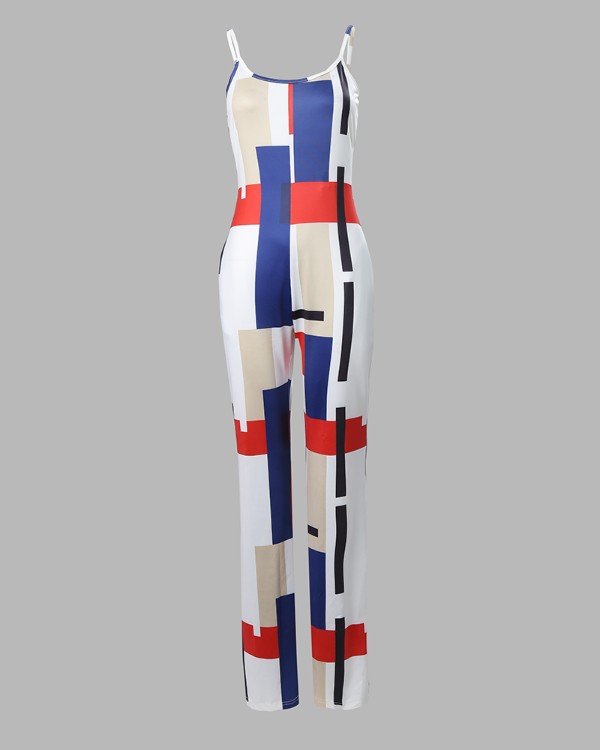 Geometric Print U Neck Sleeveless Pocket Design Jumpsuit