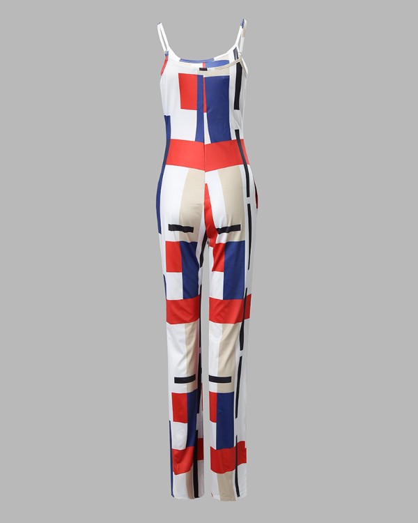 Geometric Print U Neck Sleeveless Pocket Design Jumpsuit