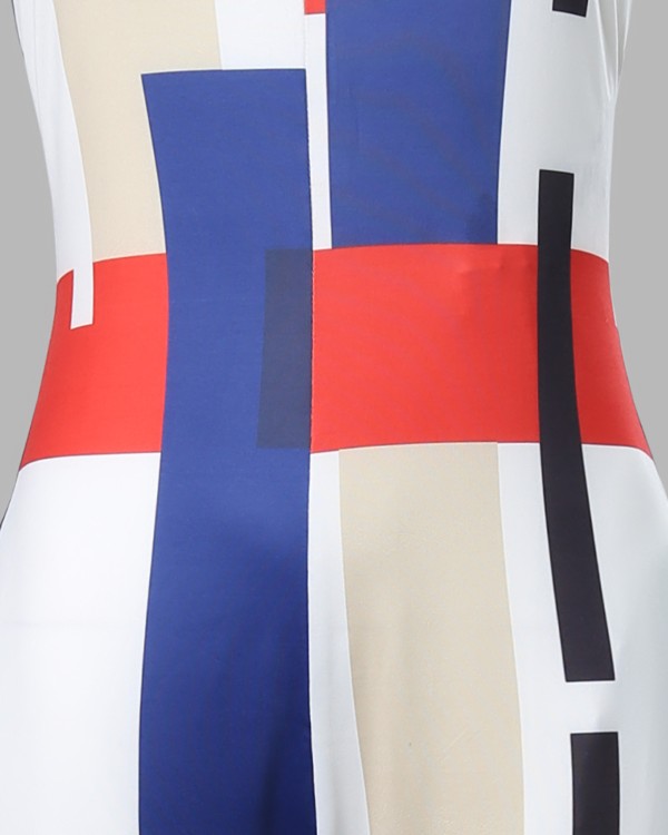 Geometric Print U Neck Sleeveless Pocket Design Jumpsuit