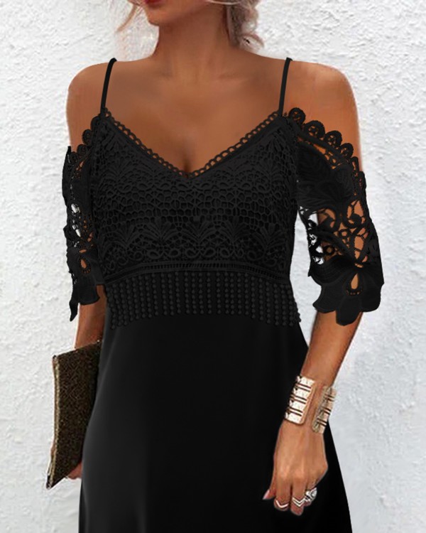 Contrast Lace Cold Shoulder Casual Dress