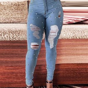 Beaded High Waist Ripped Skinny Jeans