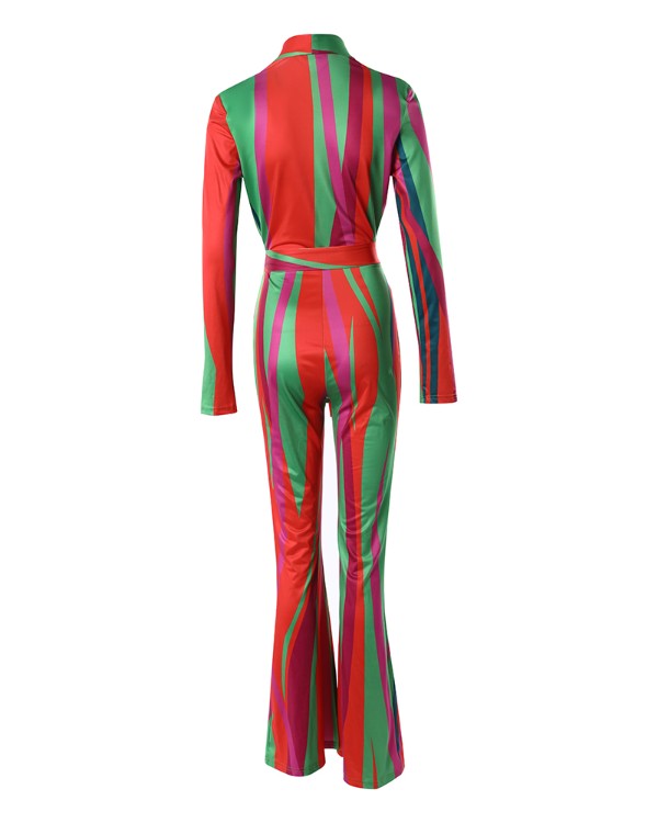 Colorblock Plunge Long Sleeve Bootcut Jumpsuit