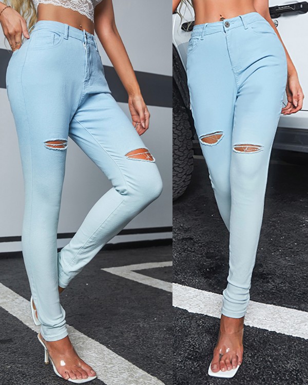 Ombre High Waist Cutout Ripped Skinny Jeans