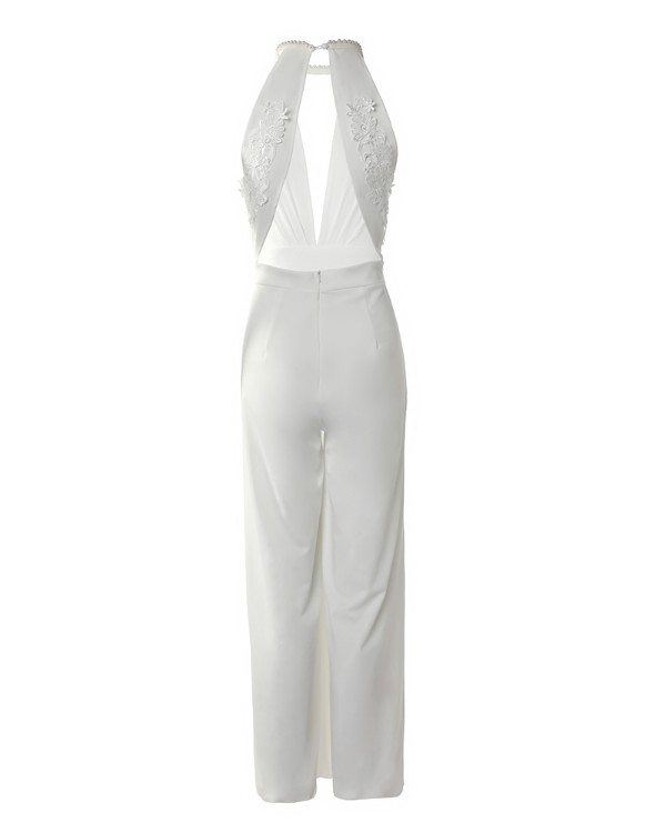 Cutout Lace Patch Sheer Mesh Ruched Jumpsuit