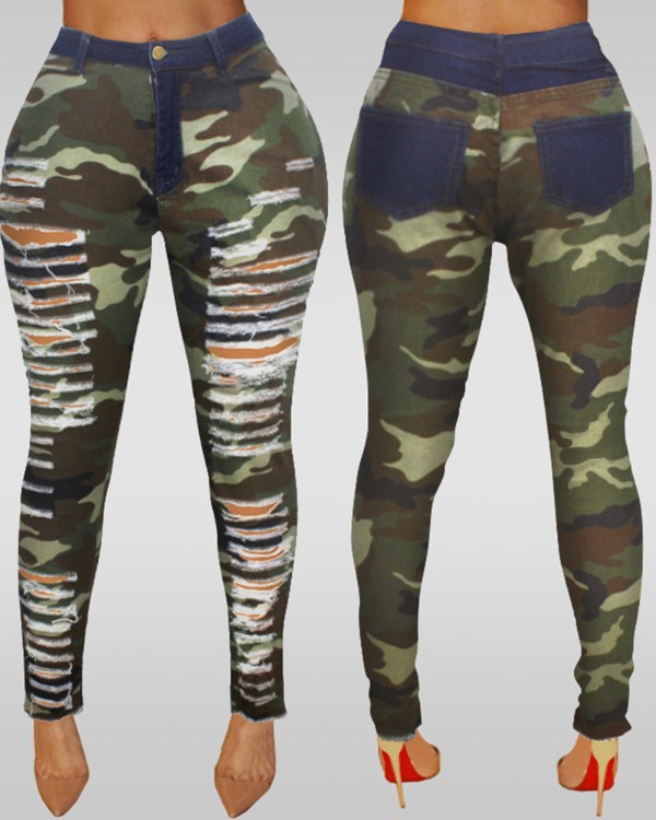 Camouflage Print Ripped Cutout Fringe Hem Jeans