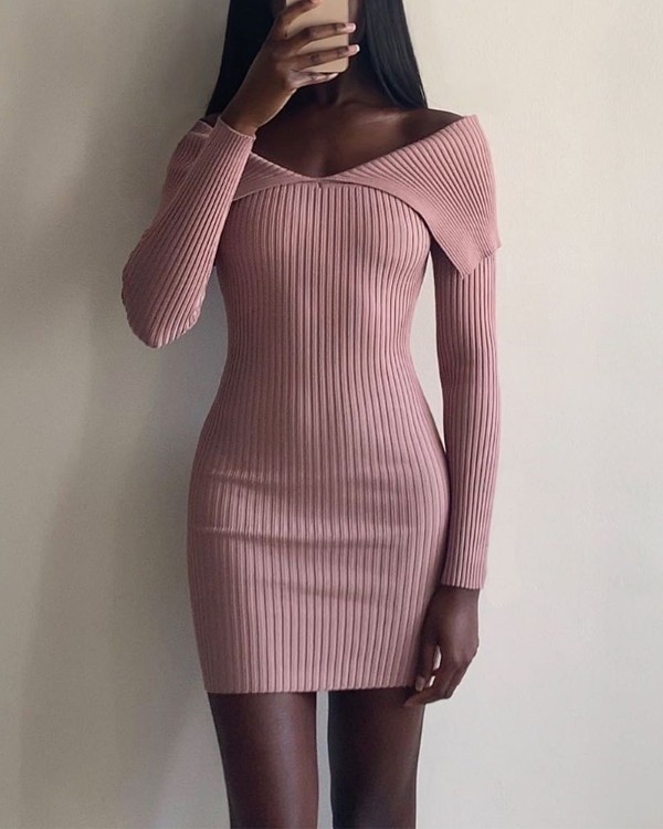 Off Shoulder Long Sleeve Knitted Bodycon Dress
