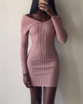 Off Shoulder Long Sleeve Knitted Bodycon Dress