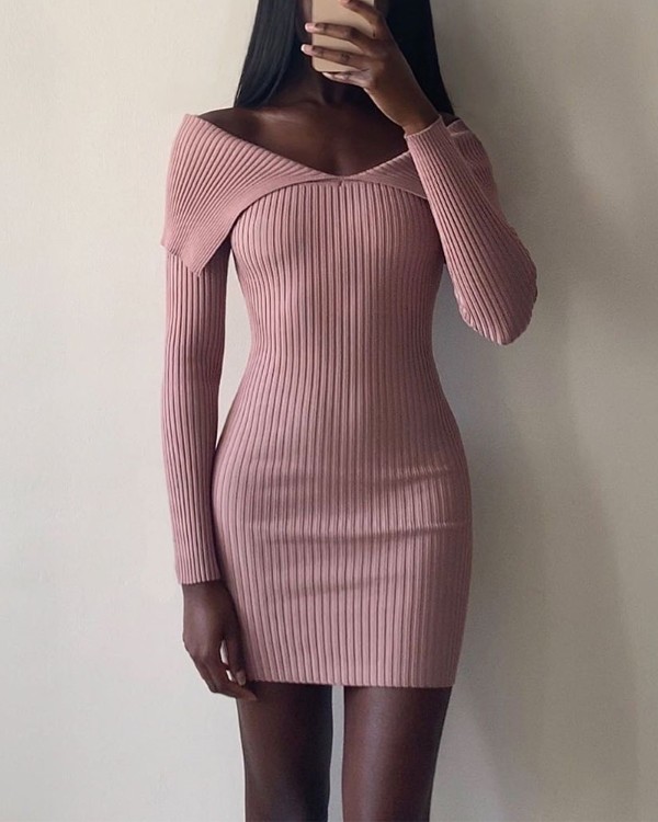 Off Shoulder Long Sleeve Knitted Bodycon Dress