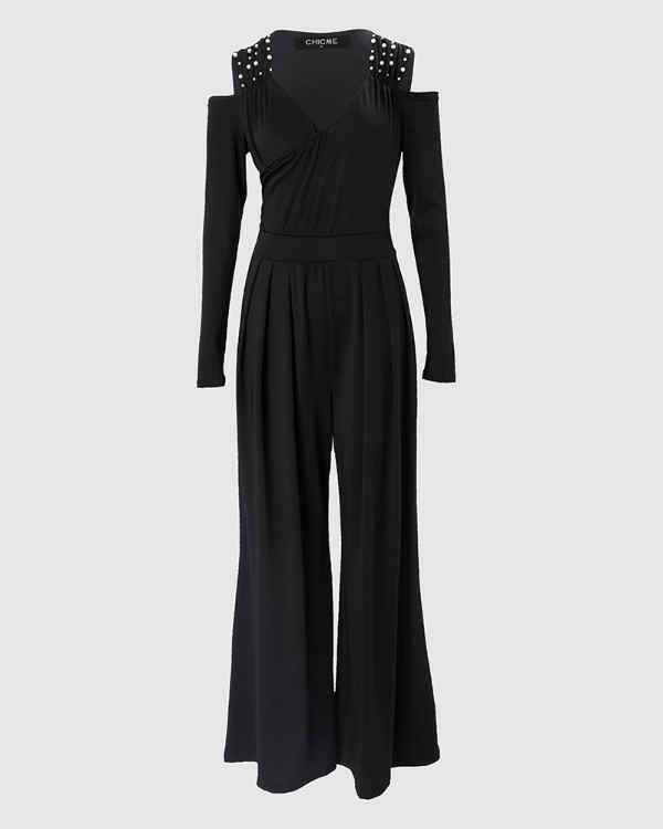 Beaded Decor Cold Shoulder Wide Leg Jumpsuit