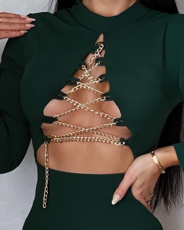 Chain Lace-up Cutout Front Bodycon Dress