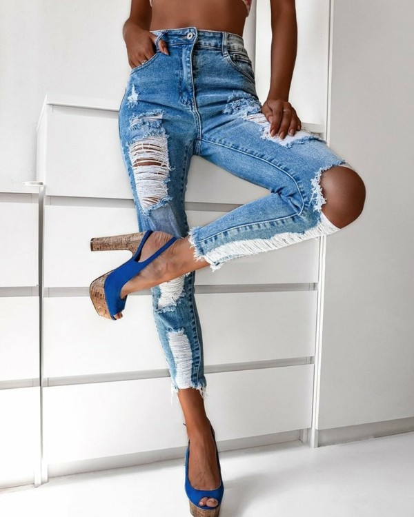 Pocket Zipper Decor Ripped Raw Hem Skinny Jeans