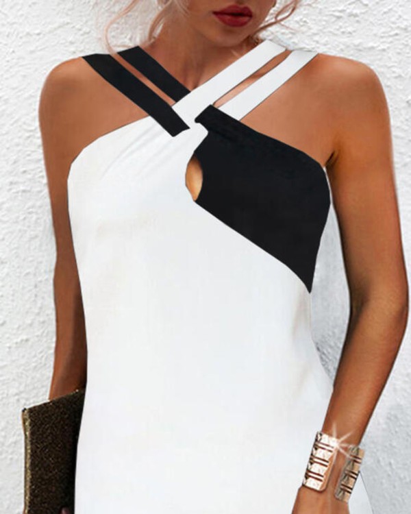 Colorblock Crisscross Halter Lace Trim Casual Dress