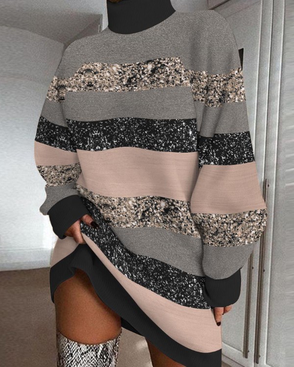 Colorblock Striped Print High Neck Casual Dress