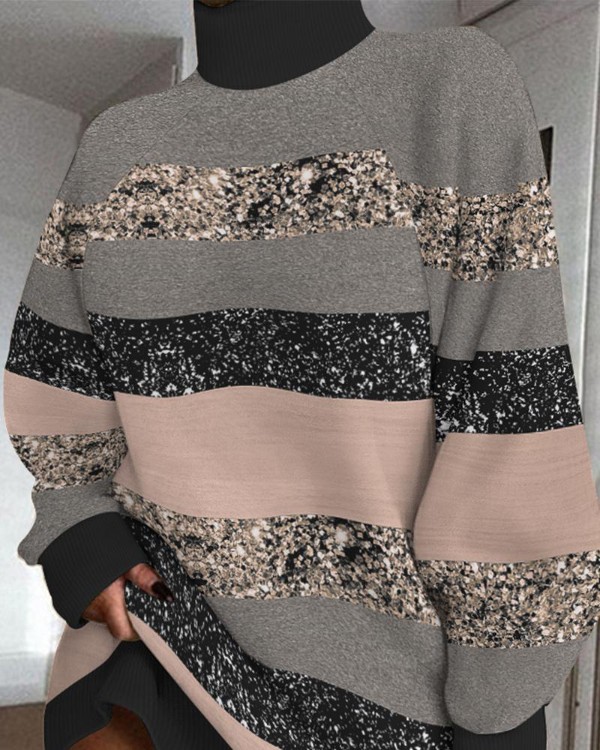 Colorblock Striped Print High Neck Casual Dress
