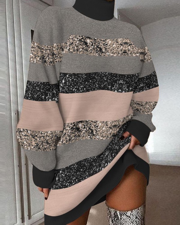 Colorblock Striped Print High Neck Casual Dress
