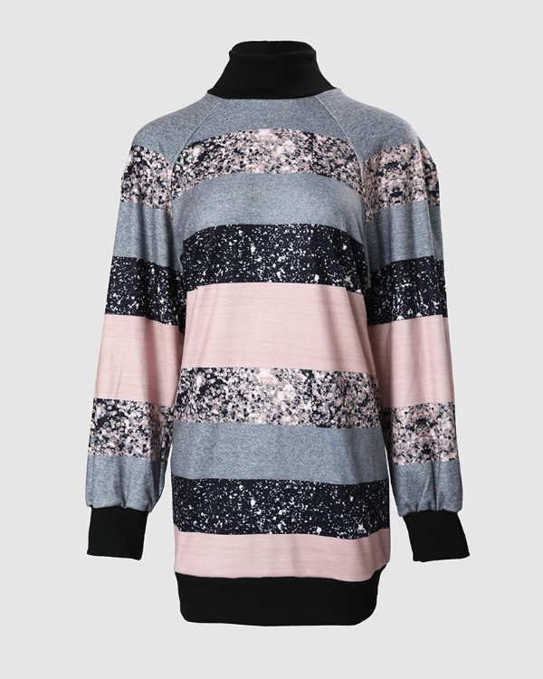 Colorblock Striped Print High Neck Casual Dress