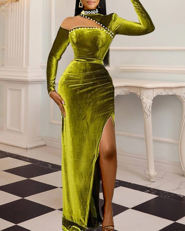 Cutout Velvet Beaded High Slit Evening Dress