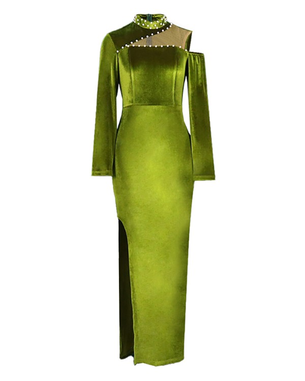 Cutout Velvet Beaded High Slit Evening Dress