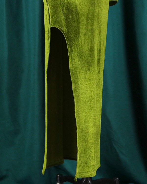 Cutout Velvet Beaded High Slit Evening Dress