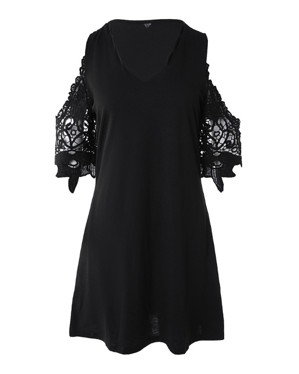 Contrast Lace Cold Shoulder Casual Dress
