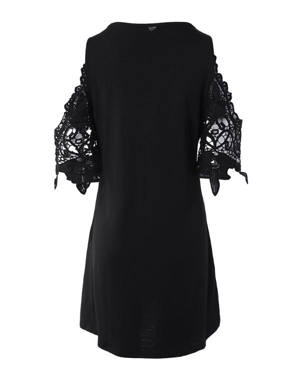 Contrast Lace Cold Shoulder Casual Dress