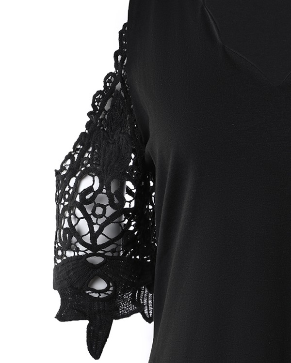 Contrast Lace Cold Shoulder Casual Dress