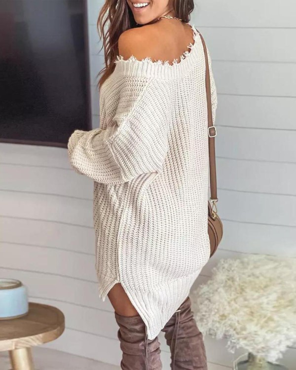 Long Sleeve Distressed Chunky Knit Sweater Dress