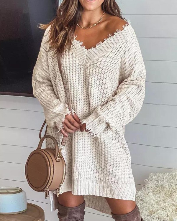 Long Sleeve Distressed Chunky Knit Sweater Dress