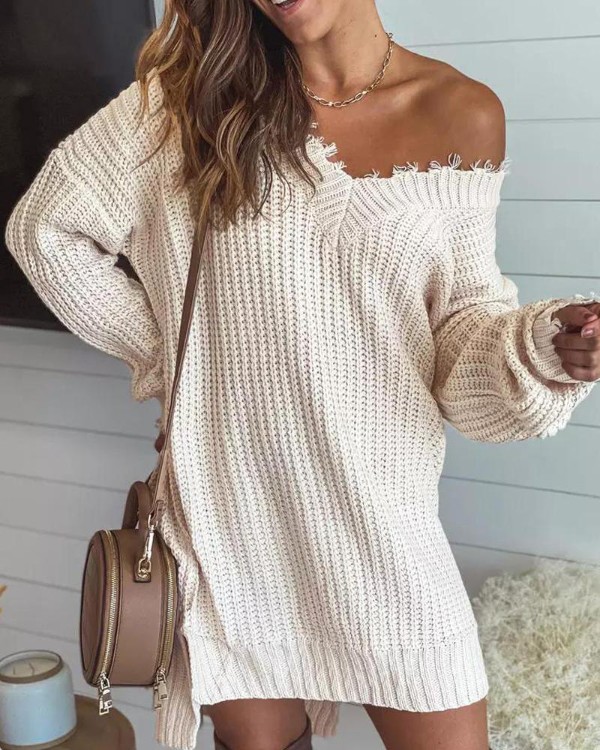 Long Sleeve Distressed Chunky Knit Sweater Dress