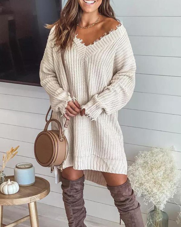 Long Sleeve Distressed Chunky Knit Sweater Dress